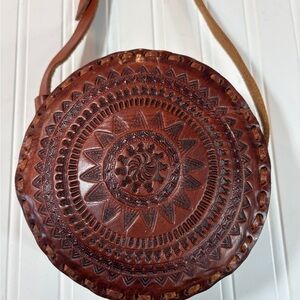 Hand Tooled Leather Round Canteen Crossbody Bag